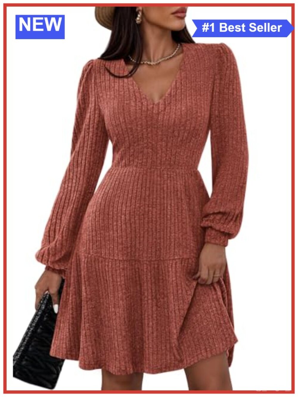 Womens Sweater Dress Long Sleeve V Neck Fit and Flare Ribbed Knit Mini with
